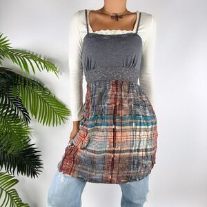 Vintage Y2K Gray Plaid Cottagecore Indie Sleaze Hipster Mini Dress Top / S